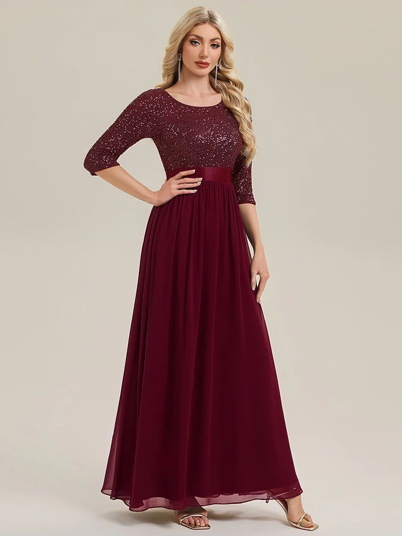 ever EMILIA|Robe de soirée chic à manches trois quarts en sequins avec patchwork coupe A longueur de sol et col rond