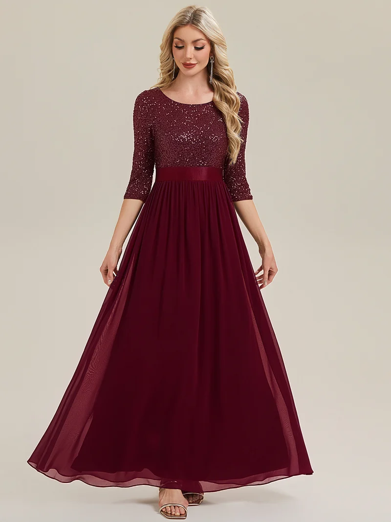ever EMILIA|Robe de soirée chic à manches trois quarts en sequins avec patchwork coupe A longueur de sol et col rond
