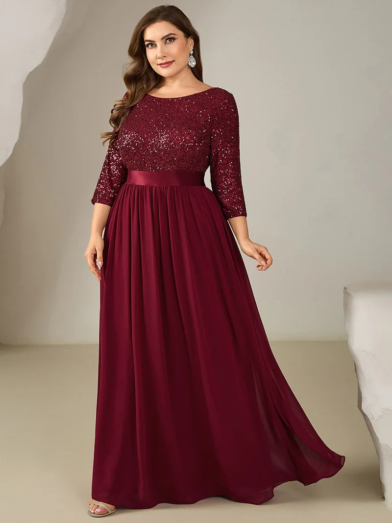 ever EMILIA|Robe de soirée chic à manches trois quarts en sequins avec patchwork coupe A longueur de sol et col rond
