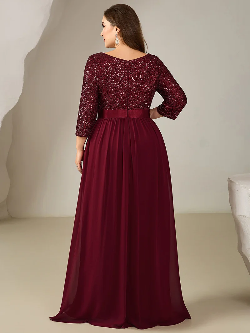 ever EMILIA|Robe de soirée chic à manches trois quarts en sequins avec patchwork coupe A longueur de sol et col rond