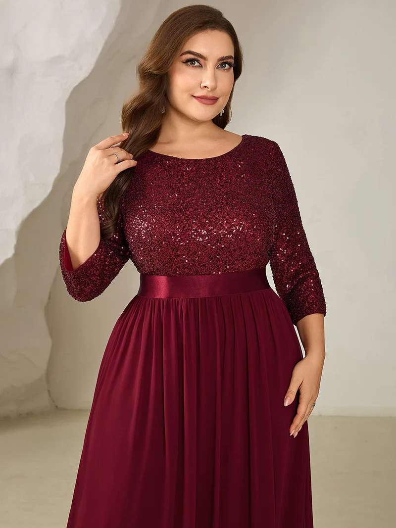 ever EMILIA|Robe de soirée chic à manches trois quarts en sequins avec patchwork coupe A longueur de sol et col rond