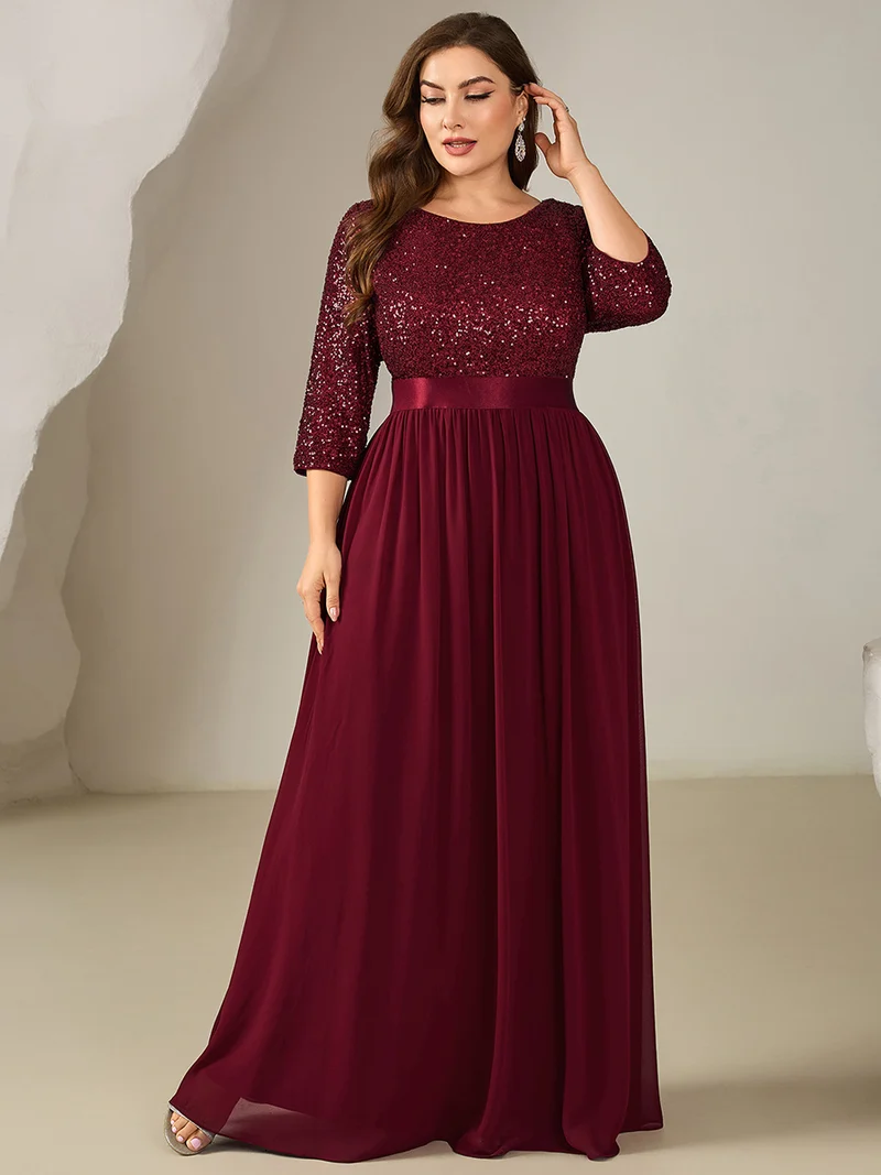 ever EMILIA|Robe de soirée chic à manches trois quarts en sequins avec patchwork coupe A longueur de sol et col rond