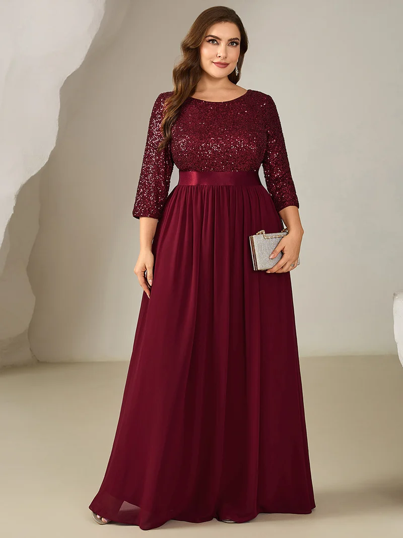 ever EMILIA|Robe de soirée chic à manches trois quarts en sequins avec patchwork coupe A longueur de sol et col rond