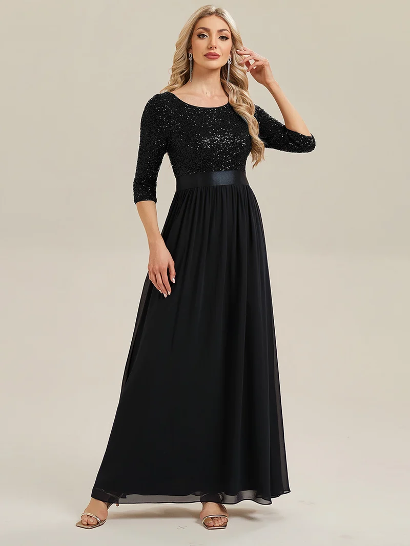 ever EMILIA|Robe de soirée chic à manches trois quarts en sequins avec patchwork coupe A longueur de sol et col rond