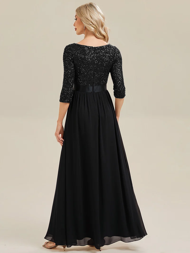 ever EMILIA|Robe de soirée chic à manches trois quarts en sequins avec patchwork coupe A longueur de sol et col rond