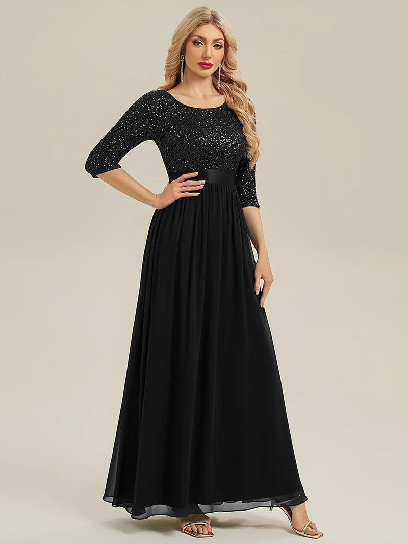 ever EMILIA|Robe de soirée chic à manches trois quarts en sequins avec patchwork coupe A longueur de sol et col rond