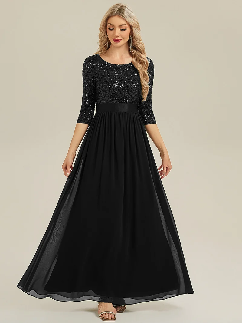 ever EMILIA|Robe de soirée chic à manches trois quarts en sequins avec patchwork coupe A longueur de sol et col rond