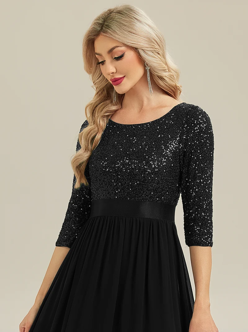 ever EMILIA|Robe de soirée chic à manches trois quarts en sequins avec patchwork coupe A longueur de sol et col rond