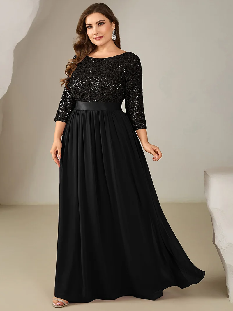 ever EMILIA|Robe de soirée chic à manches trois quarts en sequins avec patchwork coupe A longueur de sol et col rond