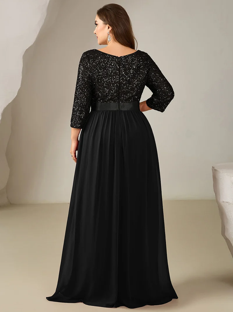ever EMILIA|Robe de soirée chic à manches trois quarts en sequins avec patchwork coupe A longueur de sol et col rond