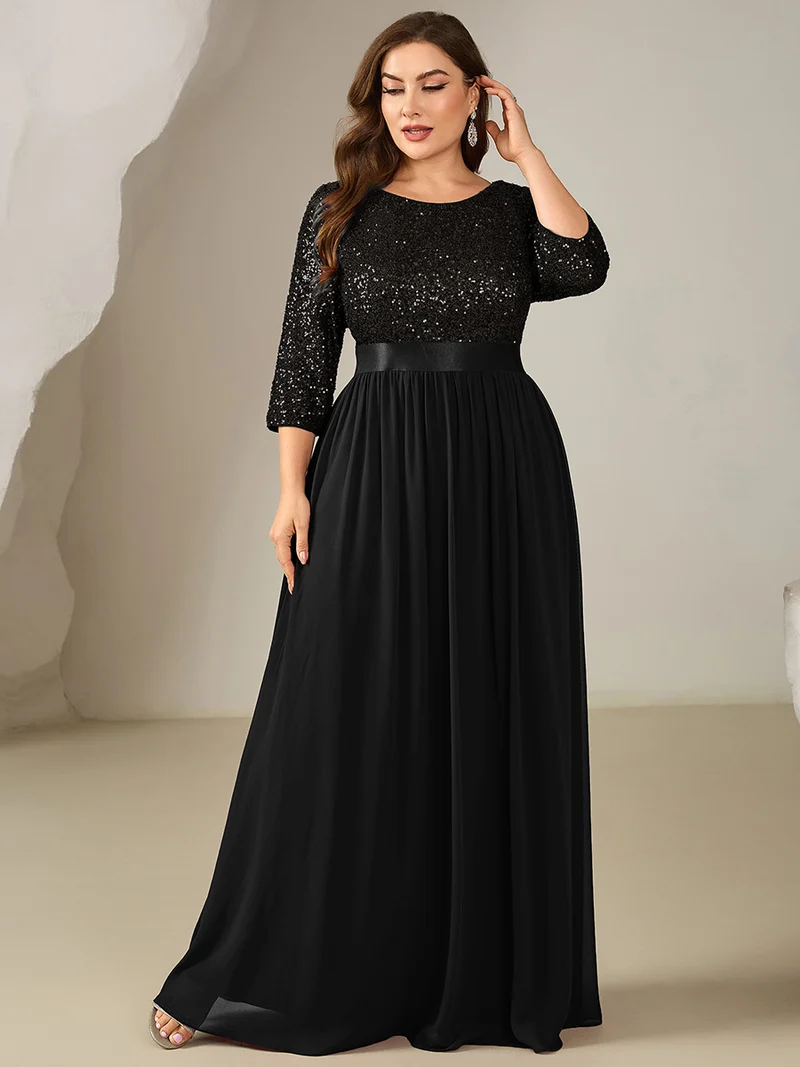 ever EMILIA|Robe de soirée chic à manches trois quarts en sequins avec patchwork coupe A longueur de sol et col rond