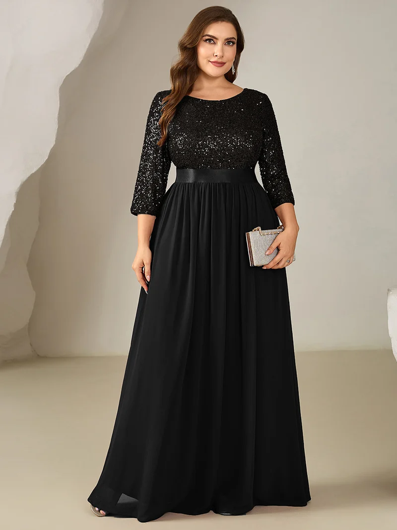 ever EMILIA|Robe de soirée chic à manches trois quarts en sequins avec patchwork coupe A longueur de sol et col rond