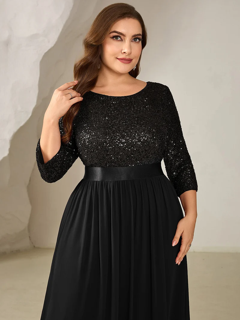 ever EMILIA|Robe de soirée chic à manches trois quarts en sequins avec patchwork coupe A longueur de sol et col rond