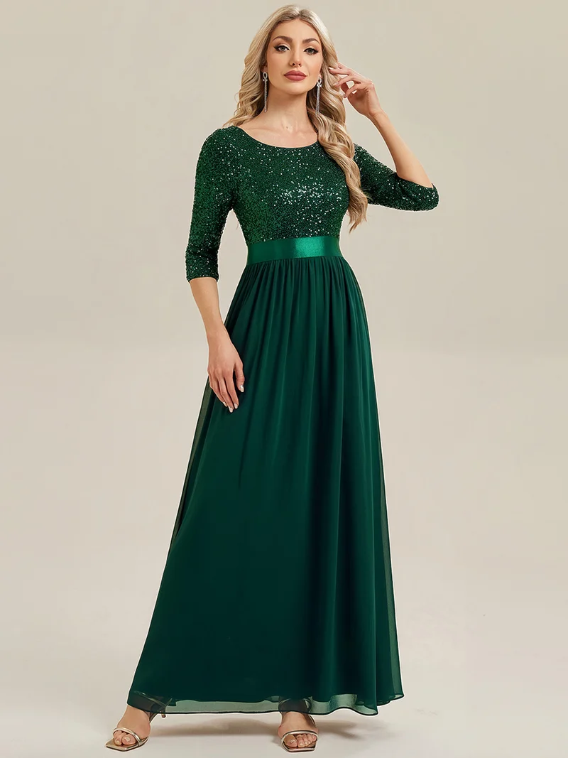 ever EMILIA|Robe de soirée chic à manches trois quarts en sequins avec patchwork coupe A longueur de sol et col rond