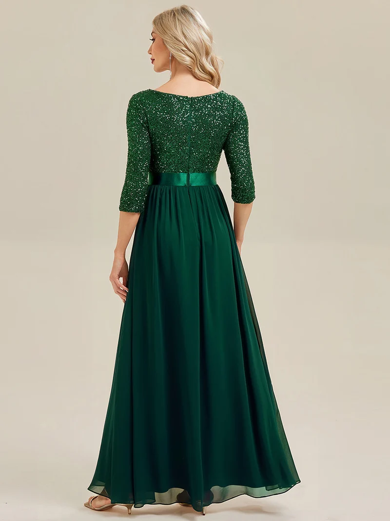 ever EMILIA|Robe de soirée chic à manches trois quarts en sequins avec patchwork coupe A longueur de sol et col rond