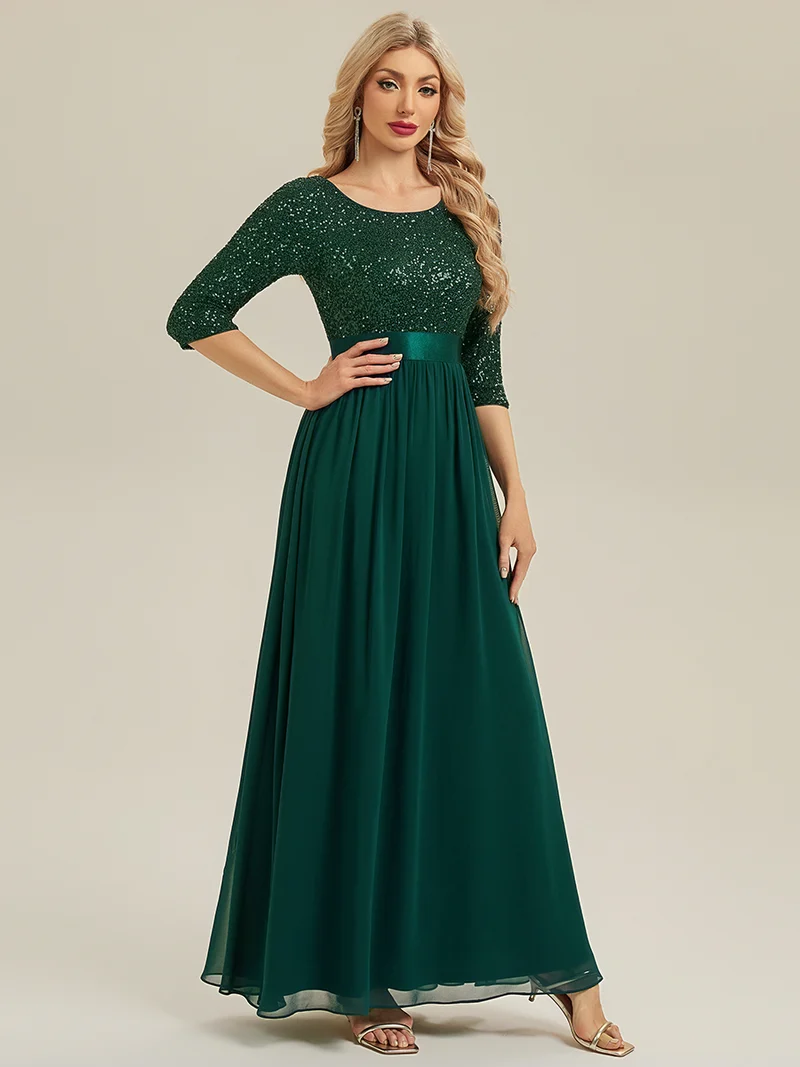 ever EMILIA|Robe de soirée chic à manches trois quarts en sequins avec patchwork coupe A longueur de sol et col rond