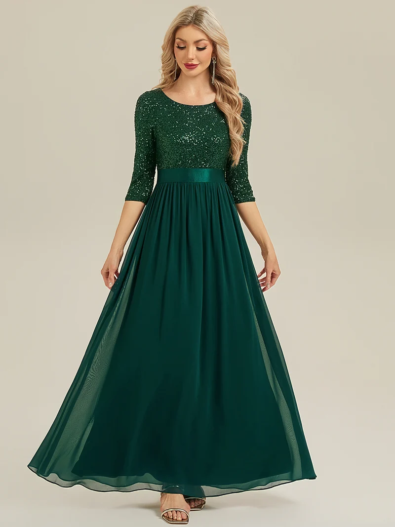 ever EMILIA|Robe de soirée chic à manches trois quarts en sequins avec patchwork coupe A longueur de sol et col rond