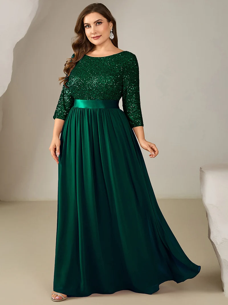ever EMILIA|Robe de soirée chic à manches trois quarts en sequins avec patchwork coupe A longueur de sol et col rond