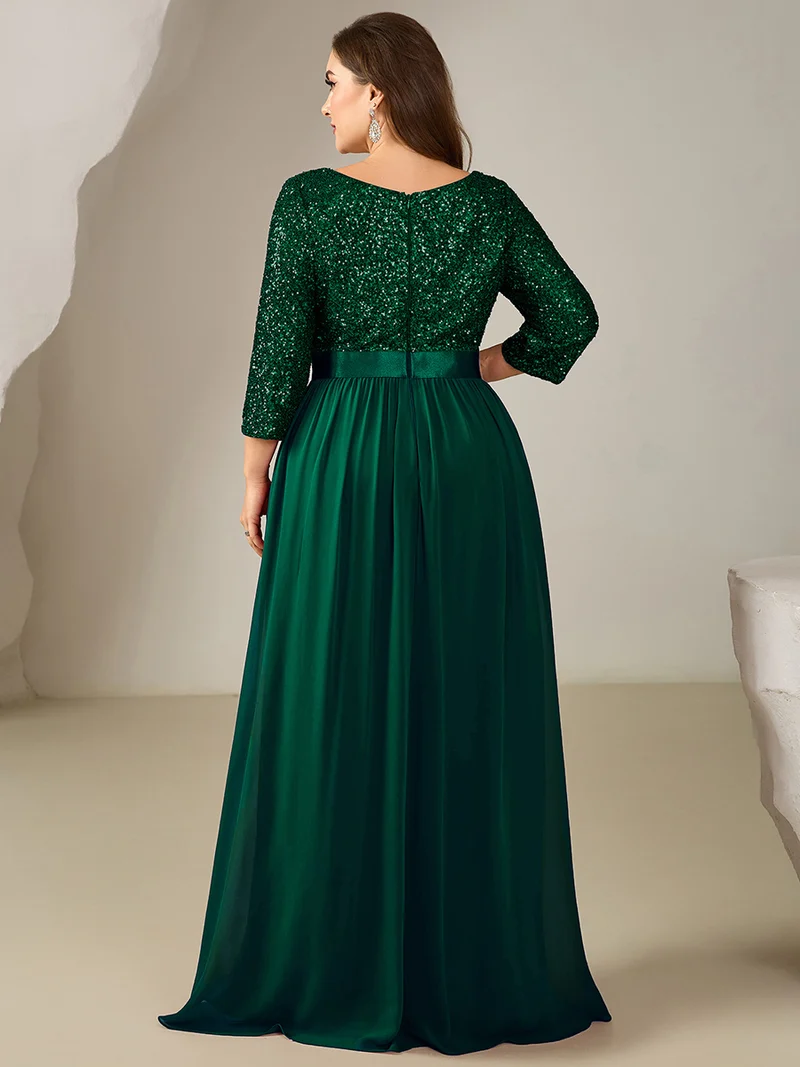 ever EMILIA|Robe de soirée chic à manches trois quarts en sequins avec patchwork coupe A longueur de sol et col rond
