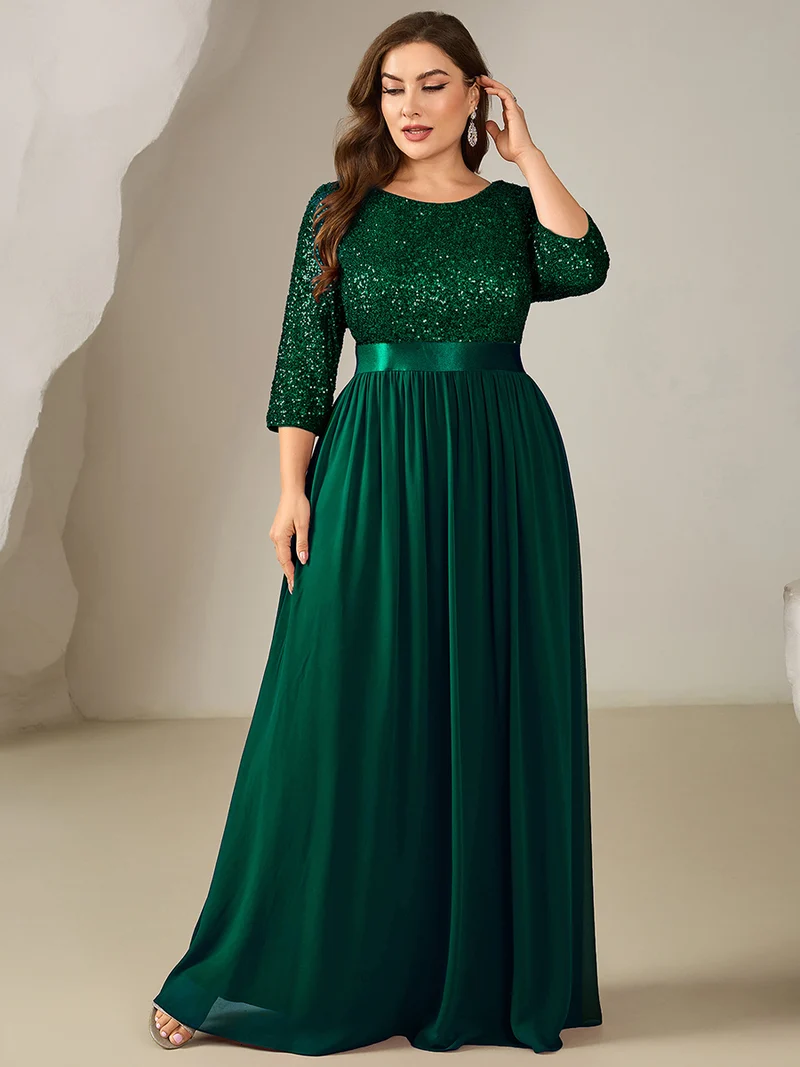 ever EMILIA|Robe de soirée chic à manches trois quarts en sequins avec patchwork coupe A longueur de sol et col rond