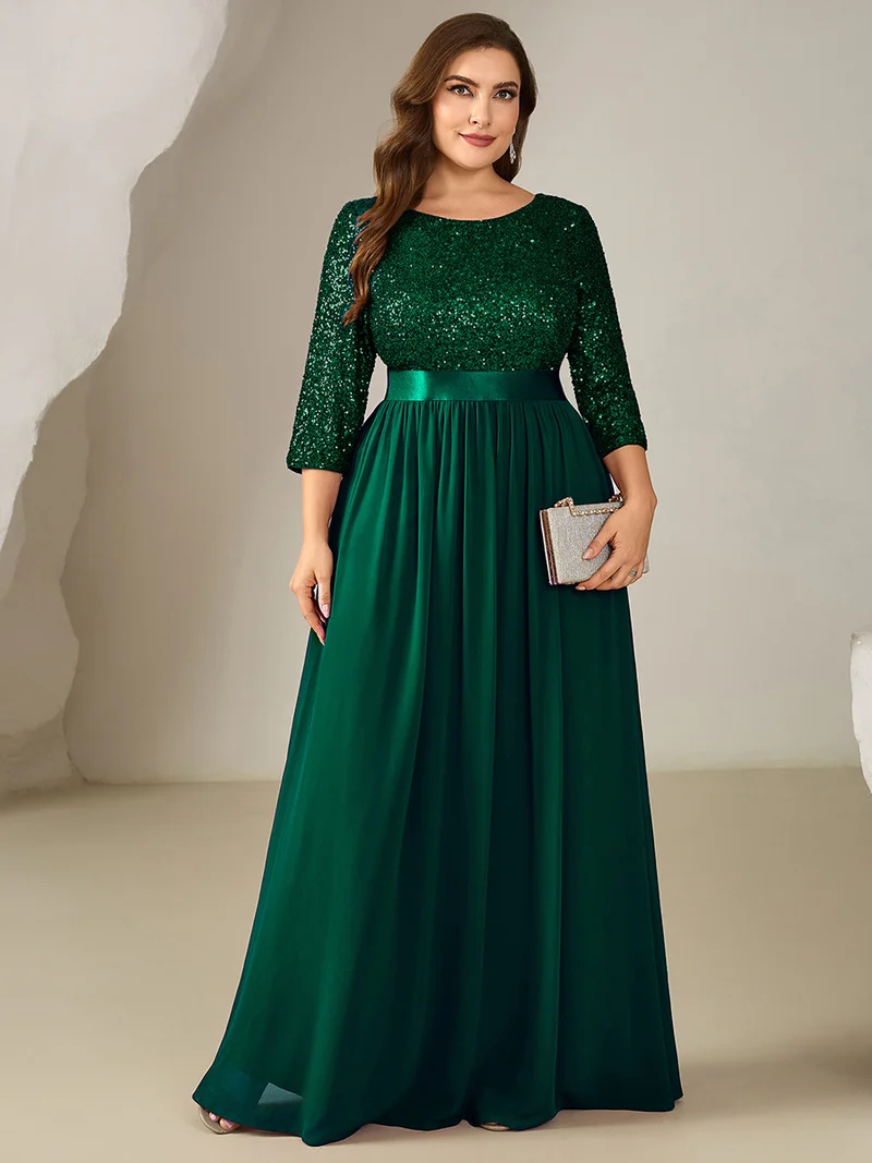 ever EMILIA|Robe de soirée chic à manches trois quarts en sequins avec patchwork coupe A longueur de sol et col rond