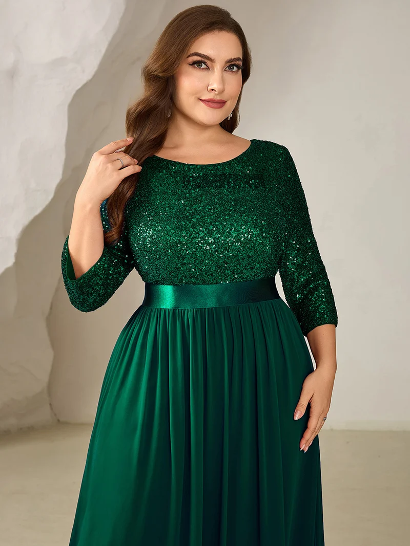 ever EMILIA|Robe de soirée chic à manches trois quarts en sequins avec patchwork coupe A longueur de sol et col rond