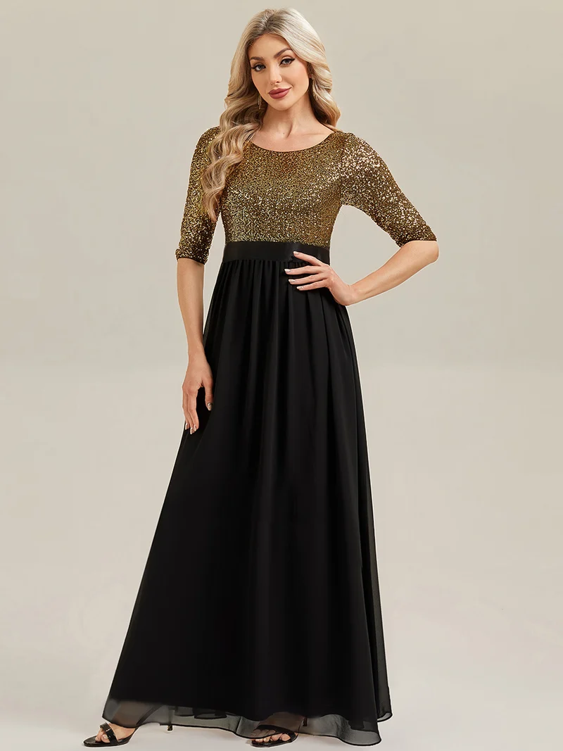 ever EMILIA|Robe de soirée chic à manches trois quarts en sequins avec patchwork coupe A longueur de sol et col rond