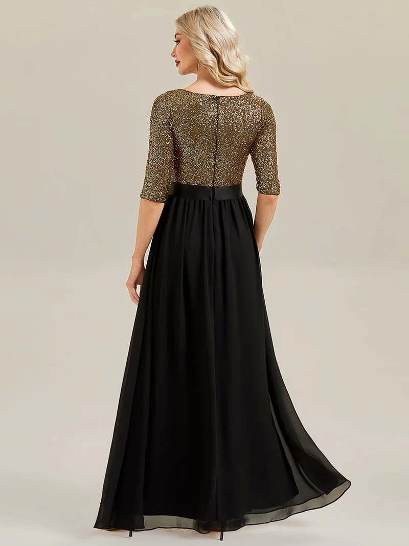 ever EMILIA|Robe de soirée chic à manches trois quarts en sequins avec patchwork coupe A longueur de sol et col rond