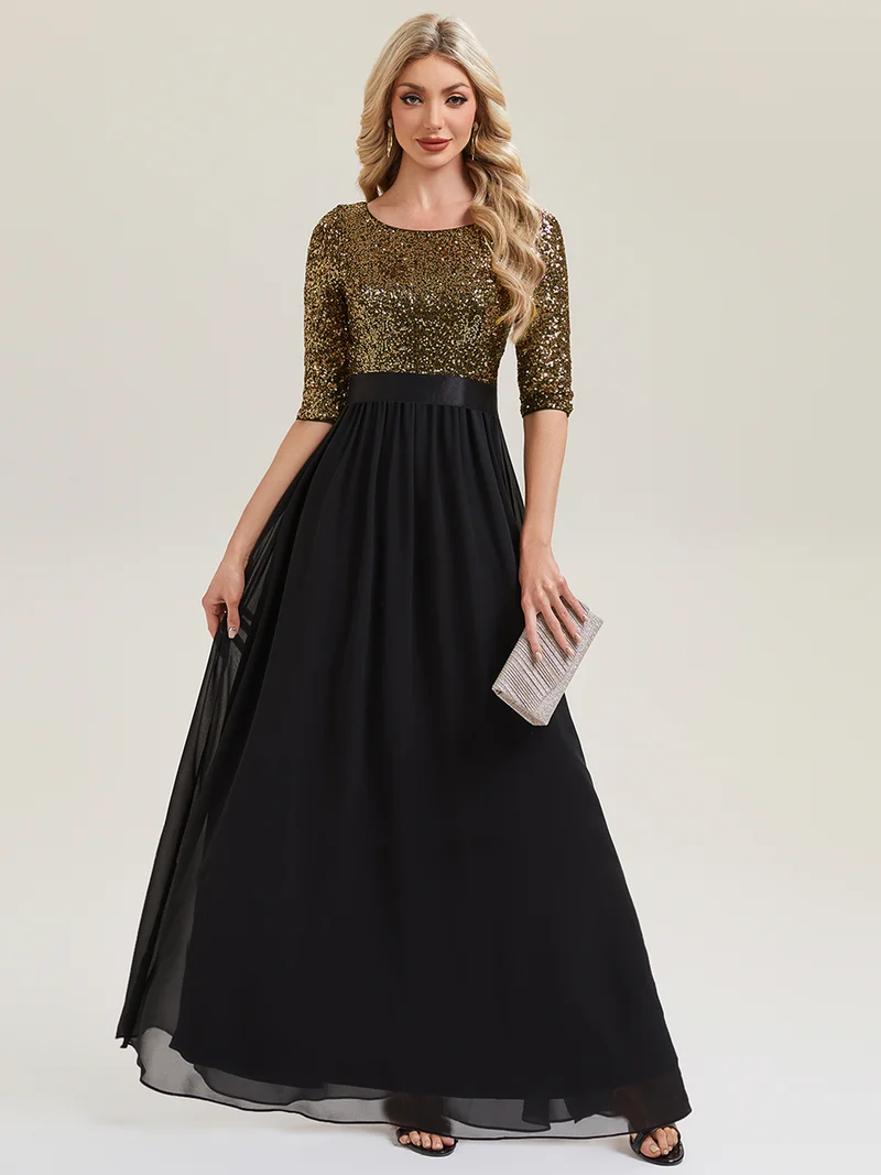 ever EMILIA|Robe de soirée chic à manches trois quarts en sequins avec patchwork coupe A longueur de sol et col rond