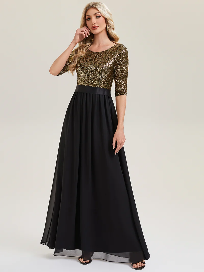 ever EMILIA|Robe de soirée chic à manches trois quarts en sequins avec patchwork coupe A longueur de sol et col rond