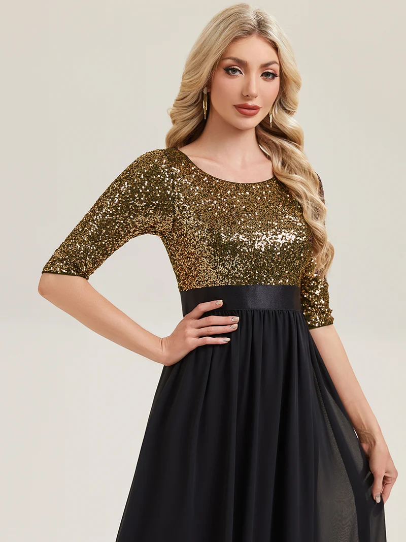 ever EMILIA|Robe de soirée chic à manches trois quarts en sequins avec patchwork coupe A longueur de sol et col rond