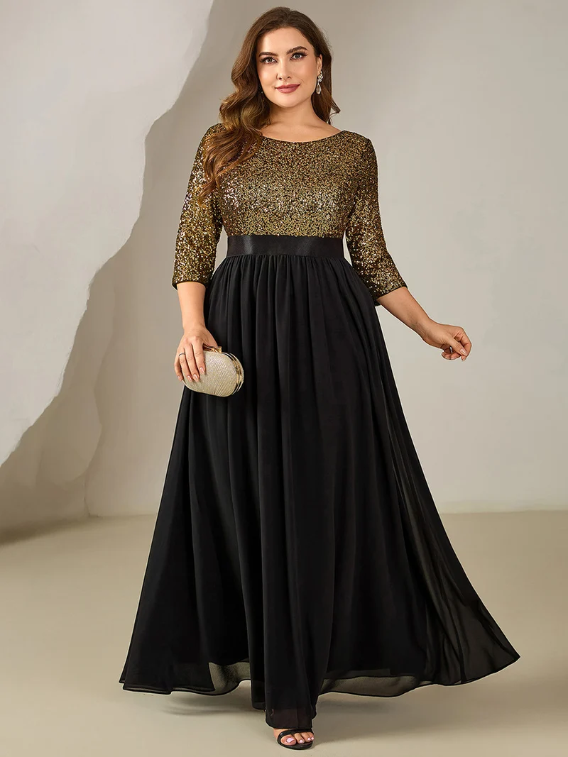 ever EMILIA|Robe de soirée chic à manches trois quarts en sequins avec patchwork coupe A longueur de sol et col rond