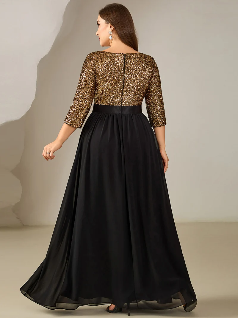 ever EMILIA|Robe de soirée chic à manches trois quarts en sequins avec patchwork coupe A longueur de sol et col rond