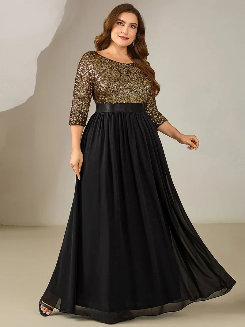 ever EMILIA|Robe de soirée chic à manches trois quarts en sequins avec patchwork coupe A longueur de sol et col rond