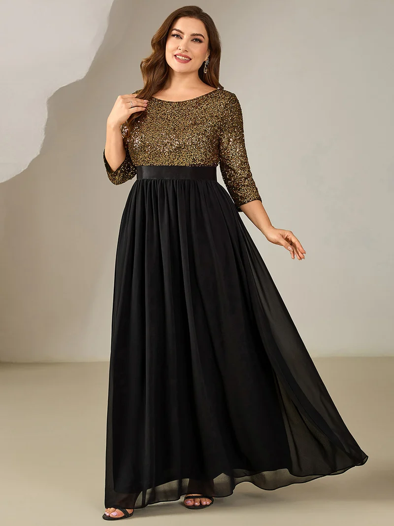 ever EMILIA|Robe de soirée chic à manches trois quarts en sequins avec patchwork coupe A longueur de sol et col rond