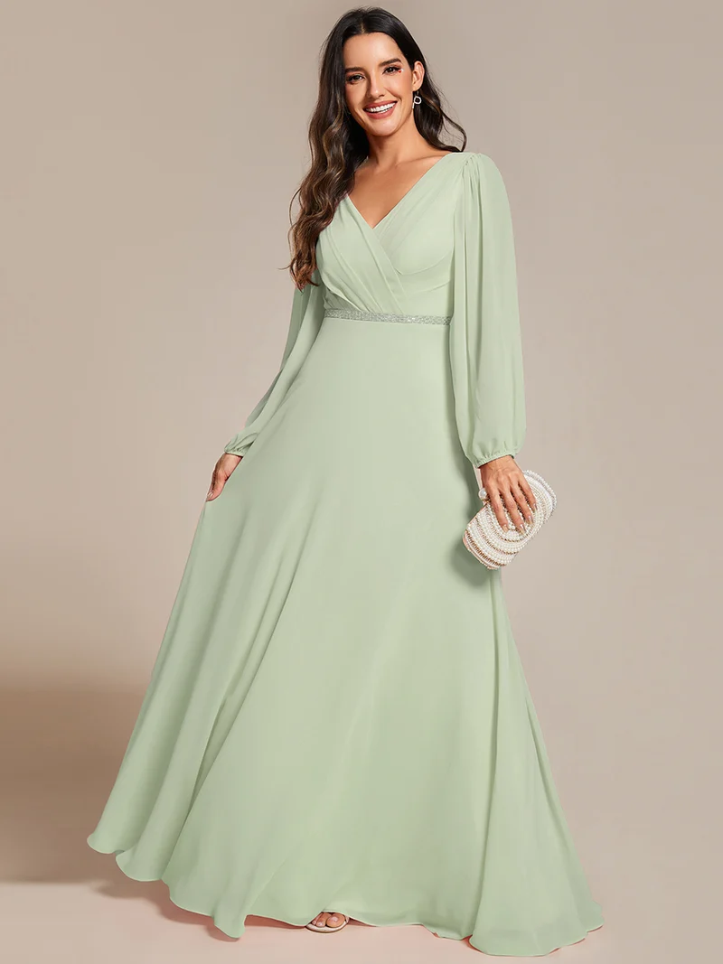 ever ESMÉE|Robe de mère de la mariée en mousseline plissée à col en V et ceinture brillante (Vente finale)