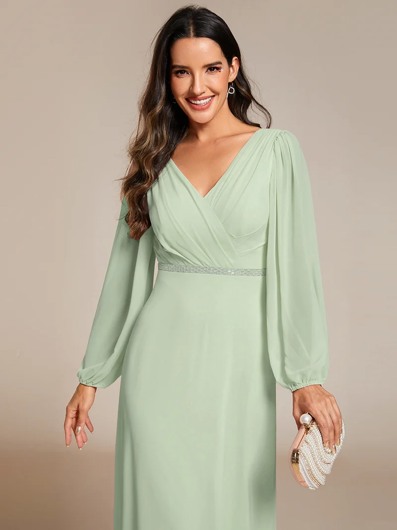 ever ESMÉE|Robe de mère de la mariée en mousseline plissée à col en V et ceinture brillante (Vente finale)