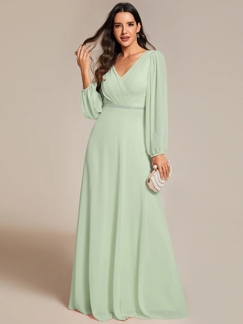 ever ESMÉE|Robe de mère de la mariée en mousseline plissée à col en V et ceinture brillante (Vente finale)