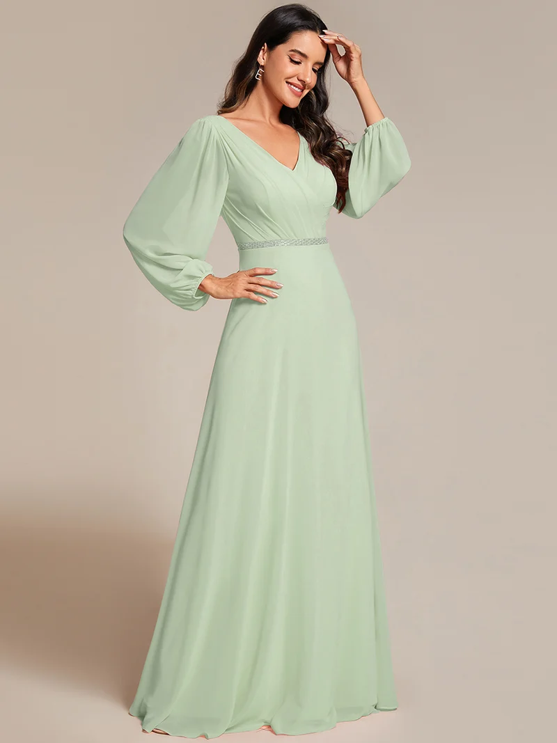 ever ESMÉE|Robe de mère de la mariée en mousseline plissée à col en V et ceinture brillante (Vente finale)