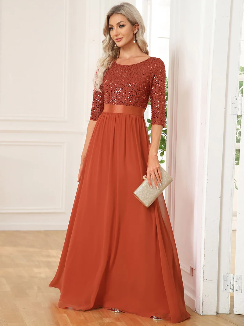 ever FLORENCE|Robe de soirée élégante à encolure ronde et à manches 3/4 en patchwork de sequins (Vente finale)
