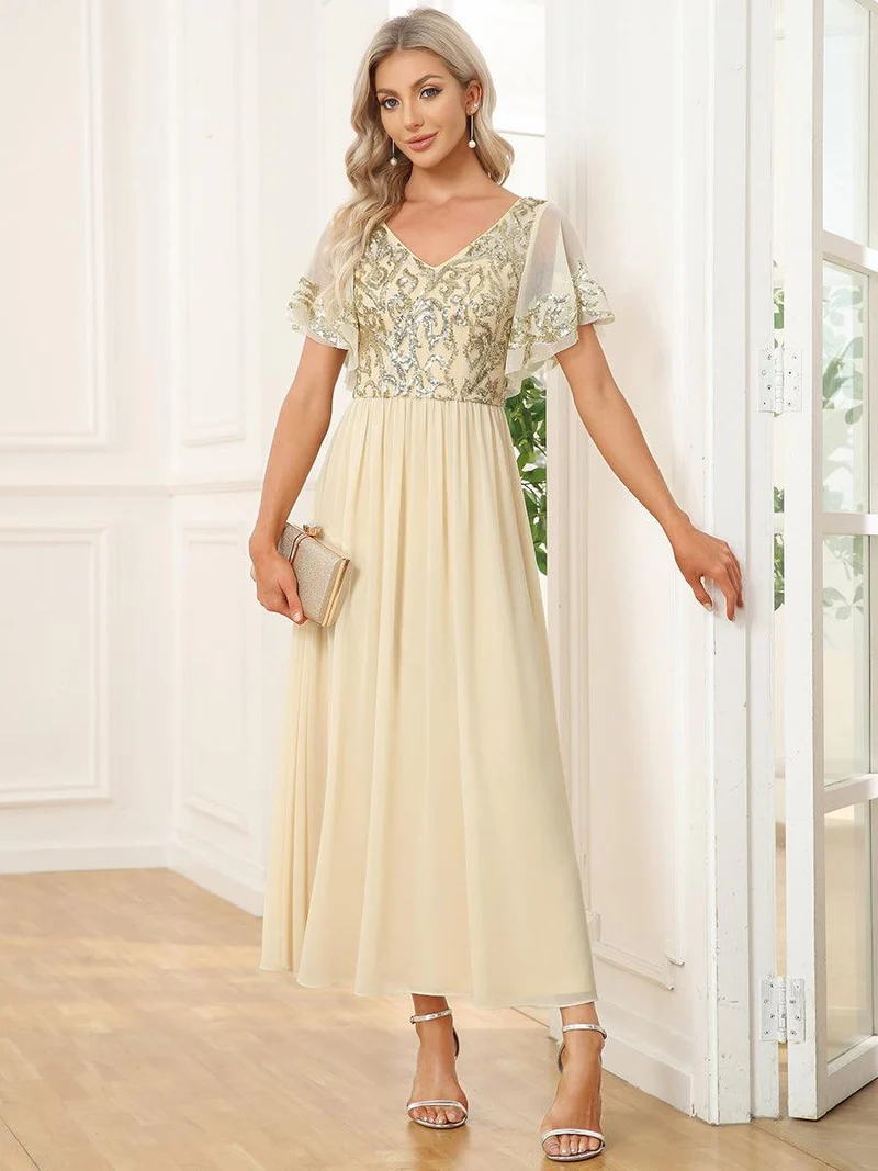 ever HAZEL|Robe Mère de la Mariée en mousseline à manches courtes et encolure en(Vente Finale)