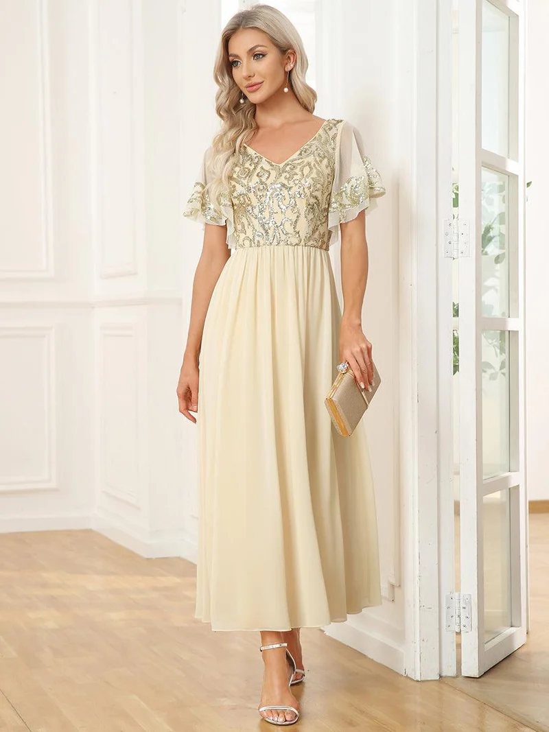 ever HAZEL|Robe Mère de la Mariée en mousseline à manches courtes et encolure en(Vente Finale)