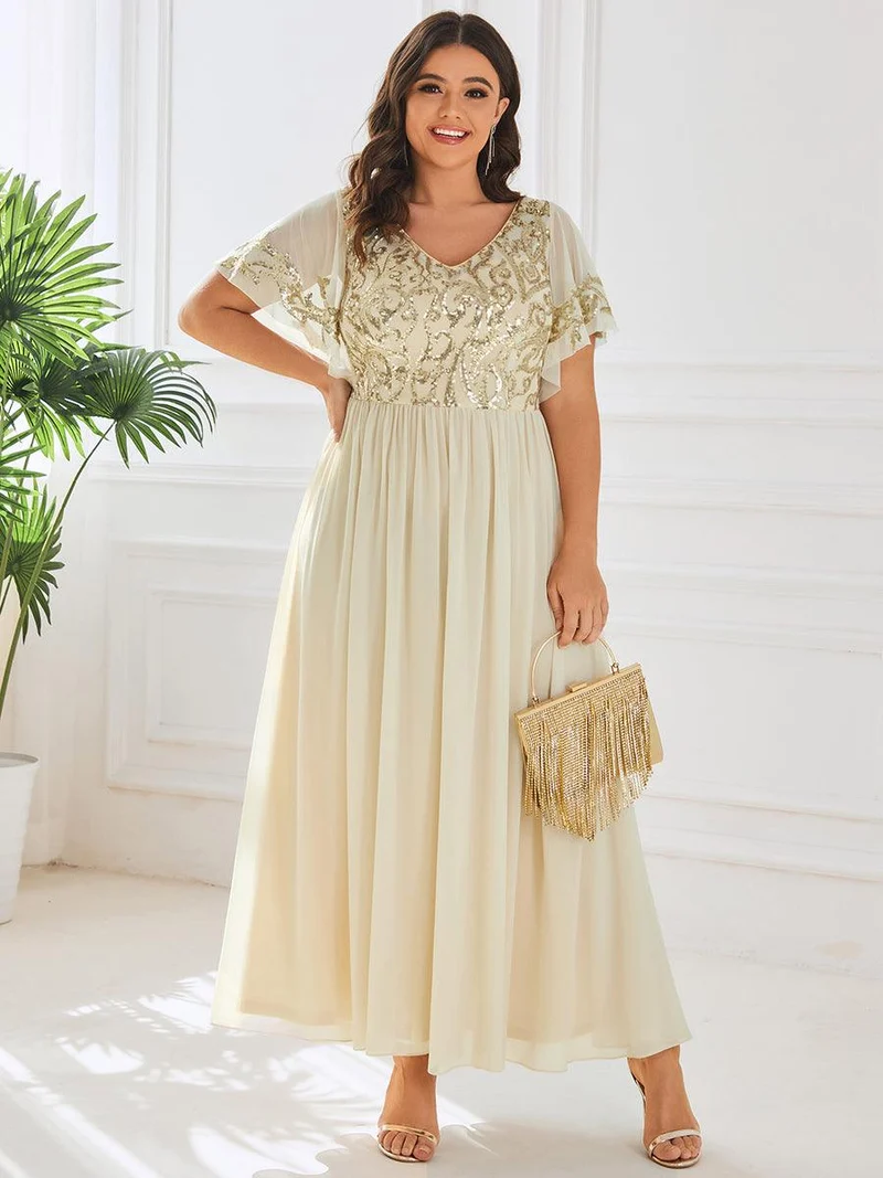 ever HAZEL|Robe Mère de la Mariée en mousseline à manches courtes et encolure en(Vente Finale)
