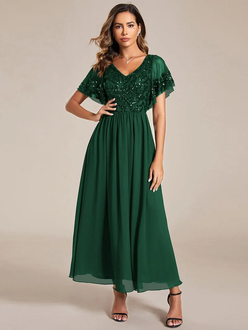 ever HAZEL|Robe Mère de la Mariée en mousseline à manches courtes et encolure en(Vente Finale)