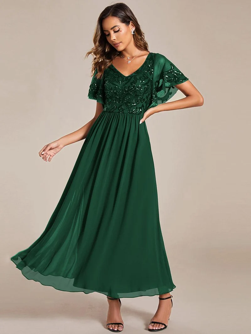 ever HAZEL|Robe Mère de la Mariée en mousseline à manches courtes et encolure en(Vente Finale)
