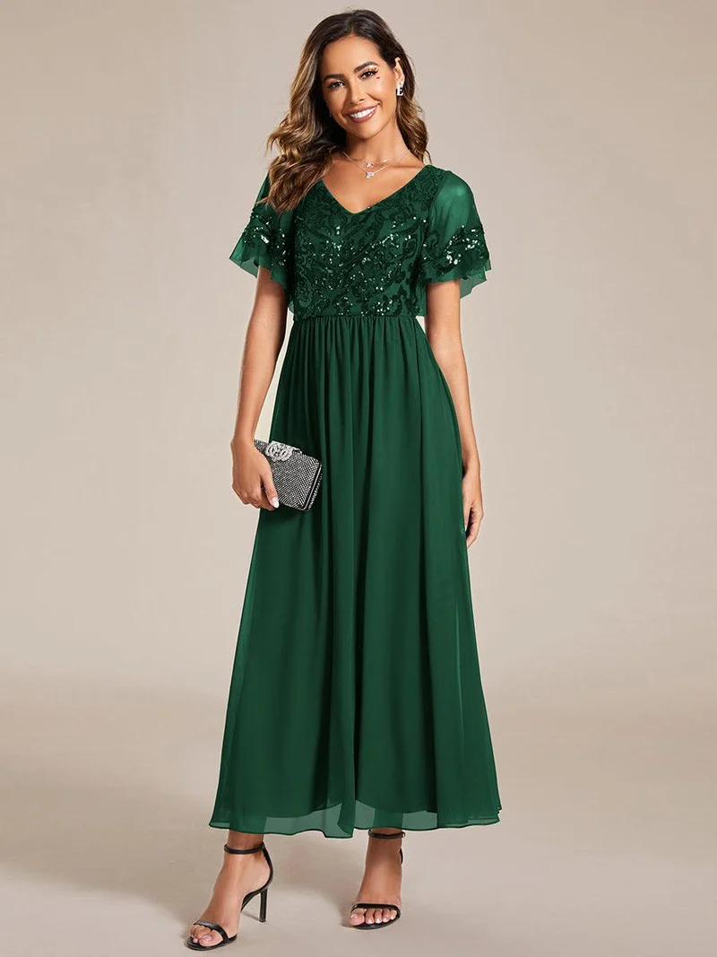 ever HAZEL|Robe Mère de la Mariée en mousseline à manches courtes et encolure en(Vente Finale)