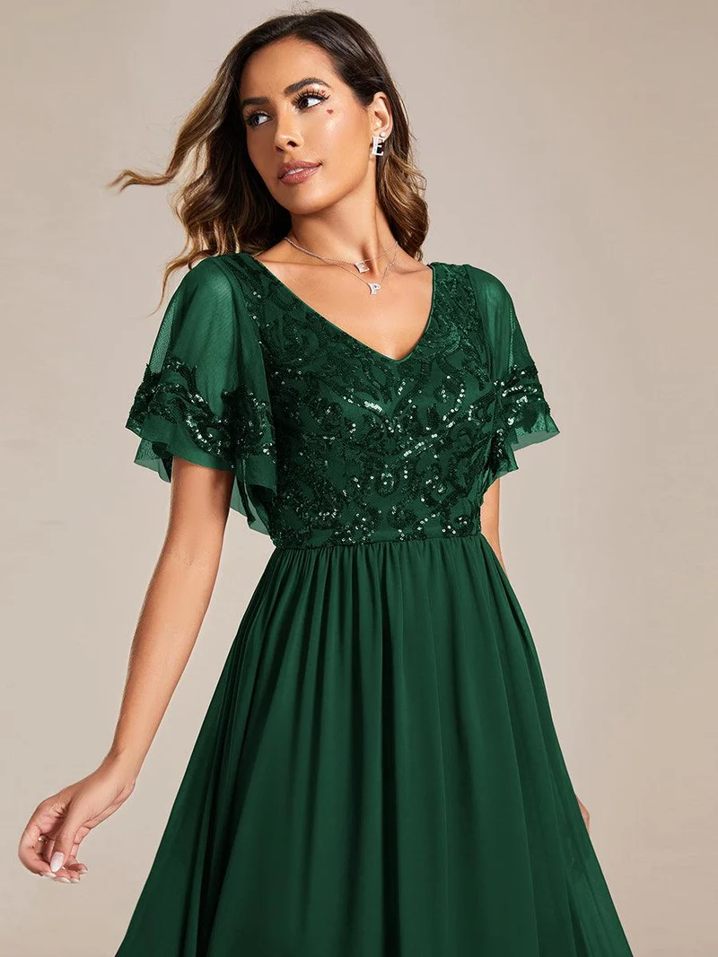 ever HAZEL|Robe Mère de la Mariée en mousseline à manches courtes et encolure en(Vente Finale)