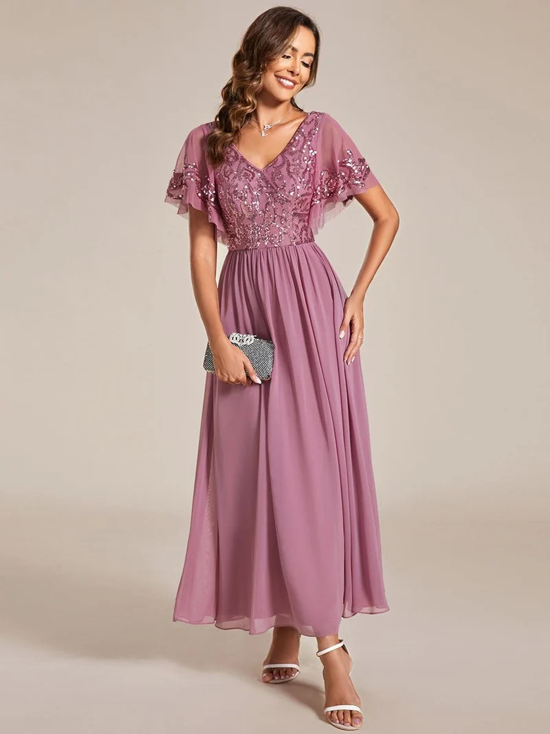 ever HAZEL|Robe Mère de la Mariée en mousseline à manches courtes et encolure en(Vente Finale)