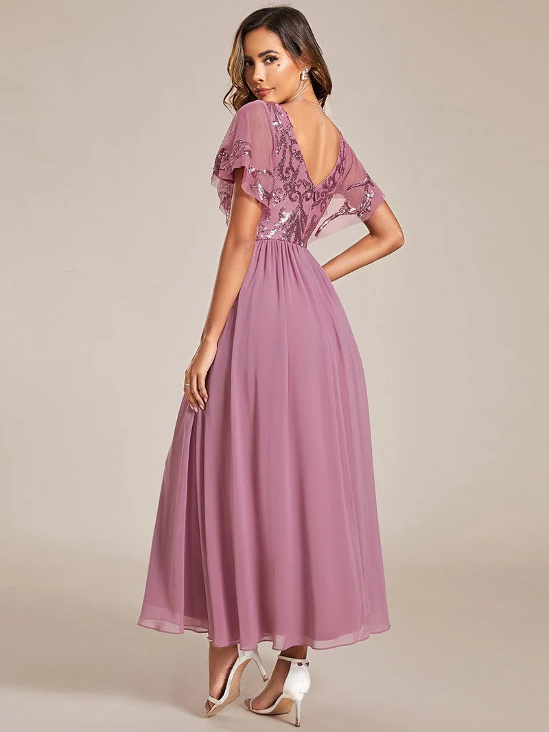 ever HAZEL|Robe Mère de la Mariée en mousseline à manches courtes et encolure en(Vente Finale)