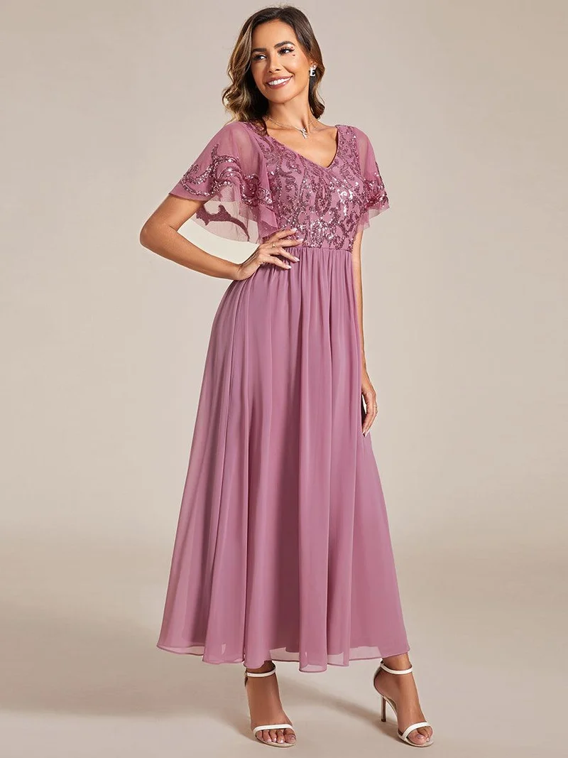 ever HAZEL|Robe Mère de la Mariée en mousseline à manches courtes et encolure en(Vente Finale)